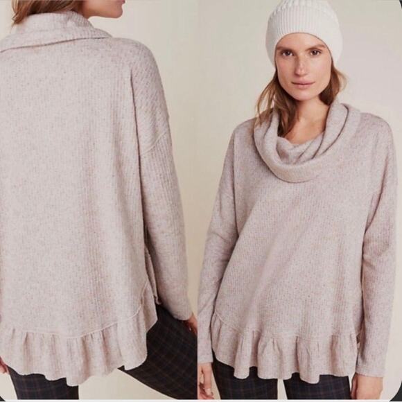 Anthro Maeve Oatmeal Ribbed Cowl Neck Sweater - size Large - Picture 1 of 7